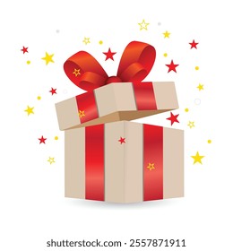 Surprise open gift box with red ribbon bow. Element design for giveaway, surprise, holiday. Vector illustration. stock illustration