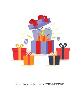 surprise open gift boxes, with present inside it, discount voucher, paper shop bag confetti and coins vector illustration