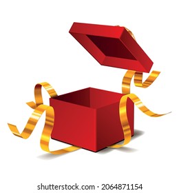 Surprise open red gift box for birthday celebration or special giveaway package, wonder gift with golden ribbon. Vector illustration isolated on white background