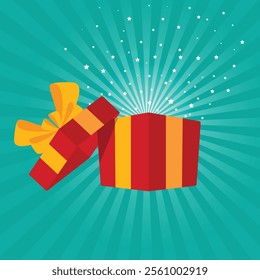 Surprise open red gift box with sunburst background, birthday celebration, special give away package, loyalty program reward, wonder gift stock illustration