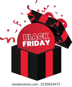 Surprise Opened Black Gift Box with Red Ribbon Inside There is a Red Circle That Says Black Friday on a White Background