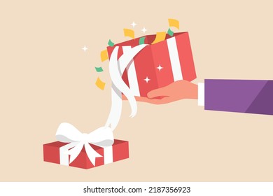Surprise opened gift box with confetti. Gift box concept. Flat vector illustration isolated.