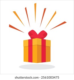 Surprise orange gift box. christmas, birthday celebration. Special sales offer. special give away package, wonder gift with exclamation mark, stock illustration