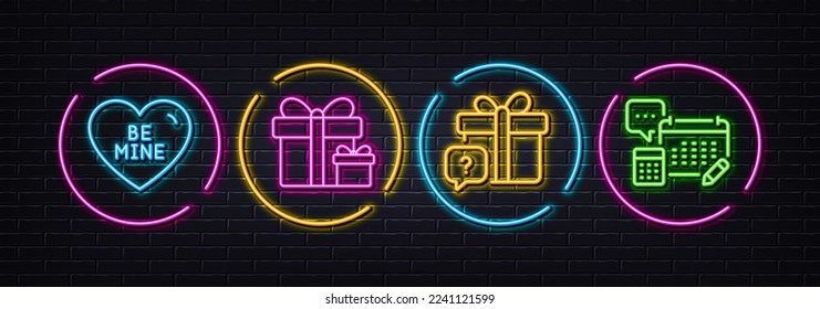 Surprise package, Secret gift and Be mine minimal line icons. Neon laser 3d lights. Account icons. For web, application, printing. Present boxes, Question box, Love sweetheart. Vector