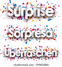 Surprise paper banner with confetti, German, Spanish. Vector illustration.