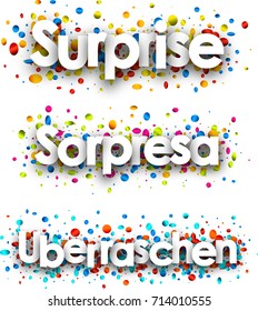 Surprise paper banner with confetti, German, Spanish. Vector illustration.