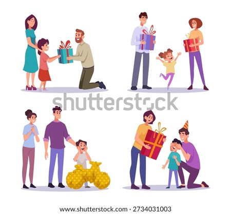Surprise. Parents holding and present gift for little kid exact vector happy family scenes