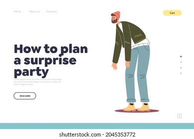 Surprise Party Concept Of Landing Page With Excited Man Staring With Astonishment In Eyes. Young Guy Unexpected Reaction. Amazement And Shock Emotional Expression. Cartoon Flat Vector Illustration