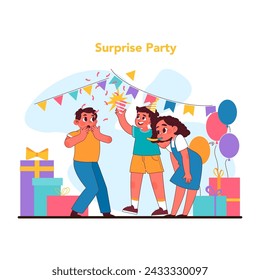 Surprise party concept. Uncontainable joy of surprise birthday party, with children cheering, confetti flying, and balloons adding to vibrant fun. Children greeting friend. Flat vector illustration