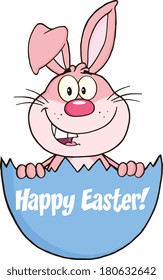 Surprise Pink Rabbit Peeking Out Of An Easter Egg With Text. Vector Illustration Isolated on white