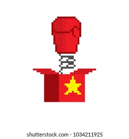 surprise prank box with glove. Pixel art. Old school computer graphic style. 8 bit video game. game element.
