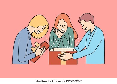 Surprise Present And Gift Concept. Group Of Smiling Cheerful Excited People Friends Standing Opening Surprise Box With Magic Inside Vector Illustration 