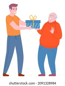 Surprise present. Man giving gift to senior. Happy people