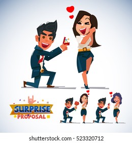 surprise proposal character .smart man giving a ring for his girlfriend. various of gift. flower banquet. sweet ice cream. character design with logotype