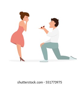 Surprise proposal character. Smart man giving a ring for his girlfriend. Character design. - stock vector