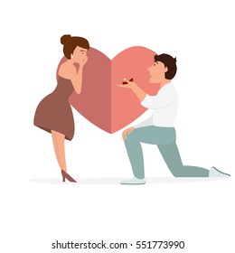 Surprise proposal character. Smart man giving a ring for his girlfriend. Character design. - stock vector