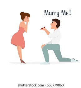 Surprise proposal character. Smart man giving a ring for his girlfriend. Character design. - stock vector