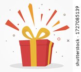 surprise red gift box, birthday celebration, special give away package, loyalty program reward, wonder gift with exclamation mark, vector icon, flat illustration