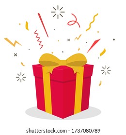surprise red gift box, birthday celebration, special give away package, loyalty program reward, wonder gift with exclamation mark, vector icon, flat illustration