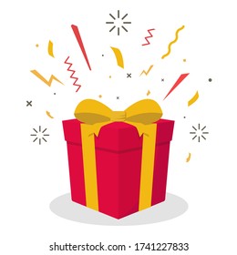 surprise red gift box, birthday celebration, special give away package, loyalty program reward, wonder gift with exclamation mark, vector icon, flat illustration