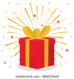 surprise red gift box, birthday celebration, special give away package, loyalty program reward, wonder gift with exclamation mark, vector icon, flat illustration