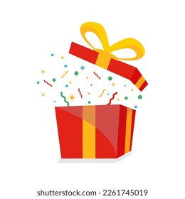 surprise Red gift box, birthday celebration, special give away package, loyalty program reward, wonder gift with exclamation mark, vector icon, flat illustration
