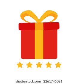 surprise Red gift box, birthday celebration, special give away package, loyalty program reward, wonder gift with exclamation mark, vector icon, flat illustration
