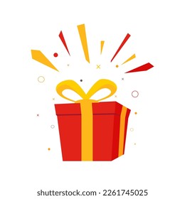 surprise Red gift box, birthday celebration, special give away package, loyalty program reward, wonder gift with exclamation mark, vector icon, flat illustration
