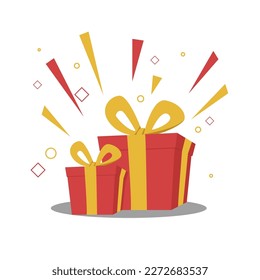 surprise red gift box, birthday celebration, special give away package, loyalty program reward, vector icon, flat illustration