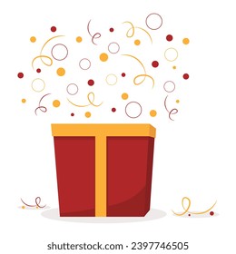 surprise red gift box, birthday celebration, special give away package, loyalty program reward, wonder gift with exclamation mark,  icon, flat vector illustration