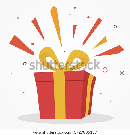 surprise red gift box, birthday celebration, special give away package, loyalty program reward, wonder gift with exclamation mark, vector icon, flat illustration