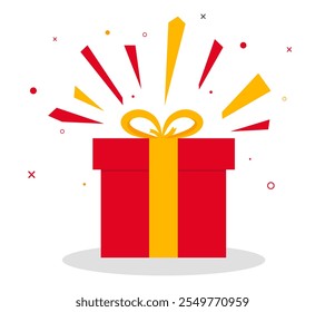 Caja de regalo roja sorpresa. Navidad, celebración de cumpleaños. Oferta de ventas especial. paquete de regalo especial, regalo de maravilla con signo de exclamación, Ilustración vectorial plana de la caja