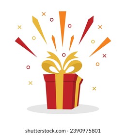 surprise red gift box, surprise gift with exclamation mark, birthday celebration, special give package, loyalty reward program,  vector icon, flat design vector template illustration. EPS 10