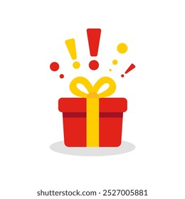 Ilustración vectorial plana de caja de regalo roja sorpresa. Paquete de regalo especial, recompensa del programa de lealtad, regalo de maravilla con signo de exclamación y diseño de concepto de celebración de cumpleaños.