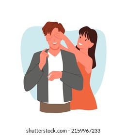 Surprise romantic meeting of two happy people vector illustration. Cartoon young woman closing eyes of surprised man with hands, cute couple of female and male characters on dating isolated on white