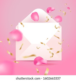 Surprise rose pink envelop with gold ribbon and rose flying, open envelop isolated, valentine's day design. EPS 10