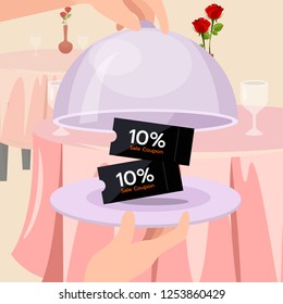 Surprise serve discount on dish, restaurants serve, discount coupon, valentine’s concept .Flat vector illustration
