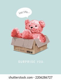 surprise slogan with pink bear doll in cardboard box vector illustration