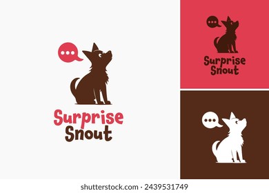 Plantilla de diseño del logotipo del perro del hocico de la sorpresa, un perro con la burbuja del habla, grito de la sorpresa. Adecuado para tarjetas de felicitación, redes sociales, sitios web y publicidad relacionada con mascotas.