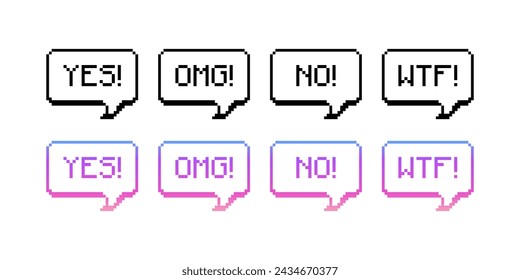 Surprise speech bubbles. Yes, OMG, No, WTF bubbles. Flat style. Vector icons