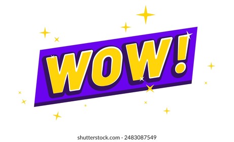 Surprise text illustration. Rich violet design for celebration with text wow and sparkles. Banner template for website, mailing or print.