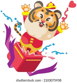 surprise through gift boxes. Year of the Tiger cartoon character. 