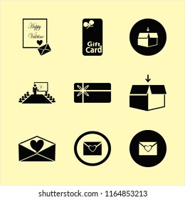 surprise vector icons set. with open box, present new idea, heart envelope and gift card in set