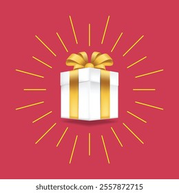 Surprise white gift box with golden ribbon bow. 3d style, christmas, new year, giveaway, surprise, holiday. Vector illustration. stock illustration