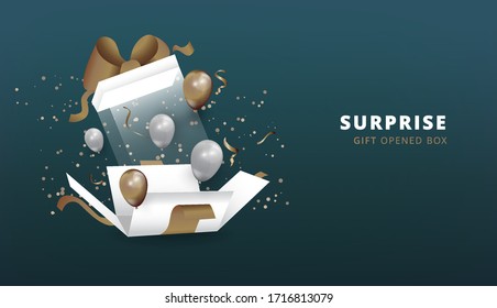 Surprise white gift box with ribbon and balloon and confetti. Open gift box Party, Shopping poster.
