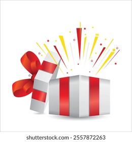 Surprise white open gift box. Gift box with red ribbon bow. 3d style. Element design for giveaway, surprise, holiday. Vector illustration. stock illustration