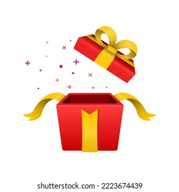 Surprise white red gift box with yellow ribbon. Open gift box isolated.