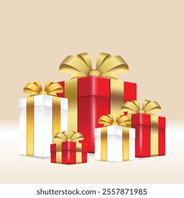 Surprise white red golden gift boxes with ribbon andbow. 3d style, Element design for christmas, new year, giveaway, surprise, holiday. Vector illustration. stock illustration