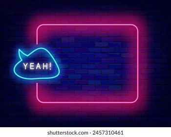 Surprise and winning neon advertising. Agreement concept. Empty pink frame and yeah text in speech bubble. Casino greeting card. Copy space. Editing text. Vector stock illustration