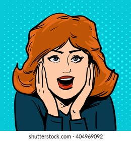 surprise, woman surprise joy, open mouth, positive emotions, happy, pop art, retro style, vector illustration